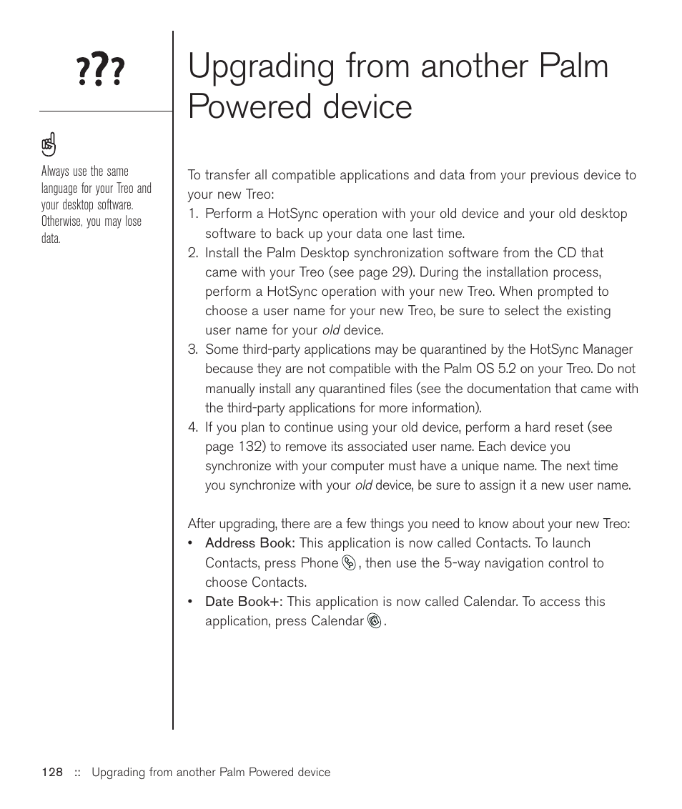 Upgrading from another palm powered device | Handspring Treo 600 User Manual | Page 128 / 158