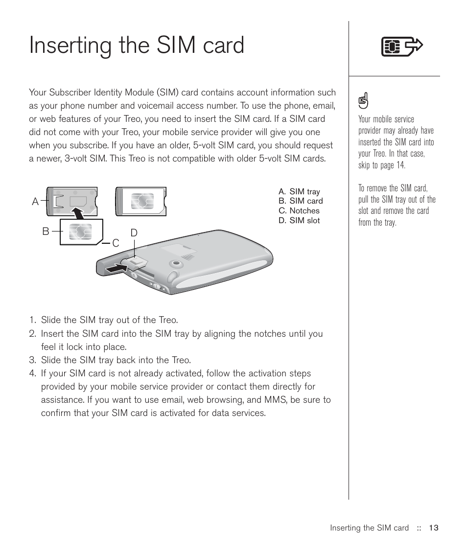 Inserting the sim card | Handspring Treo 600 User Manual | Page 13 / 158