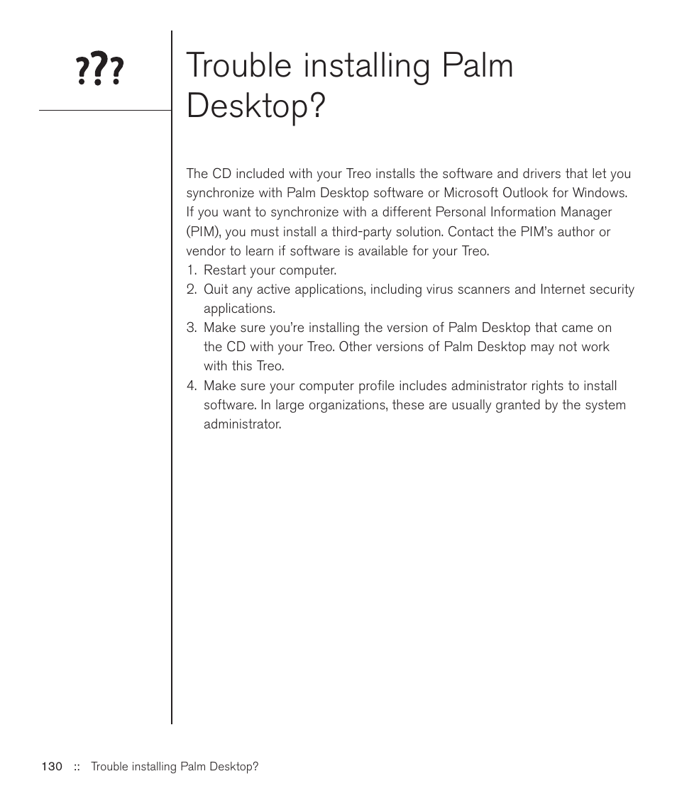 Trouble installing palm desktop | Handspring Treo 600 User Manual | Page 130 / 158