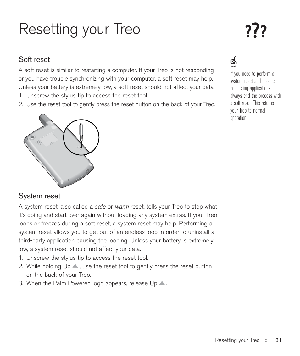Resetting your treo | Handspring Treo 600 User Manual | Page 131 / 158