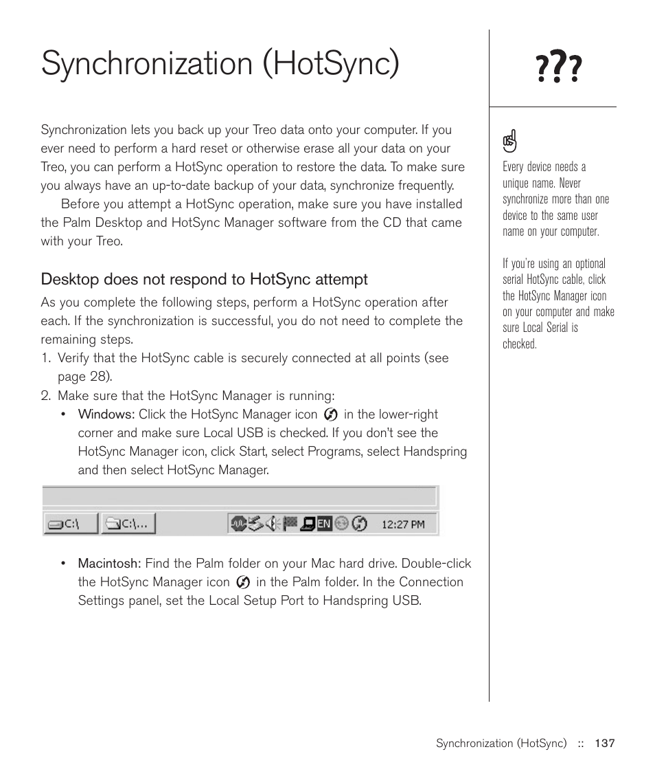 Synchronization (hotsync) | Handspring Treo 600 User Manual | Page 137 / 158