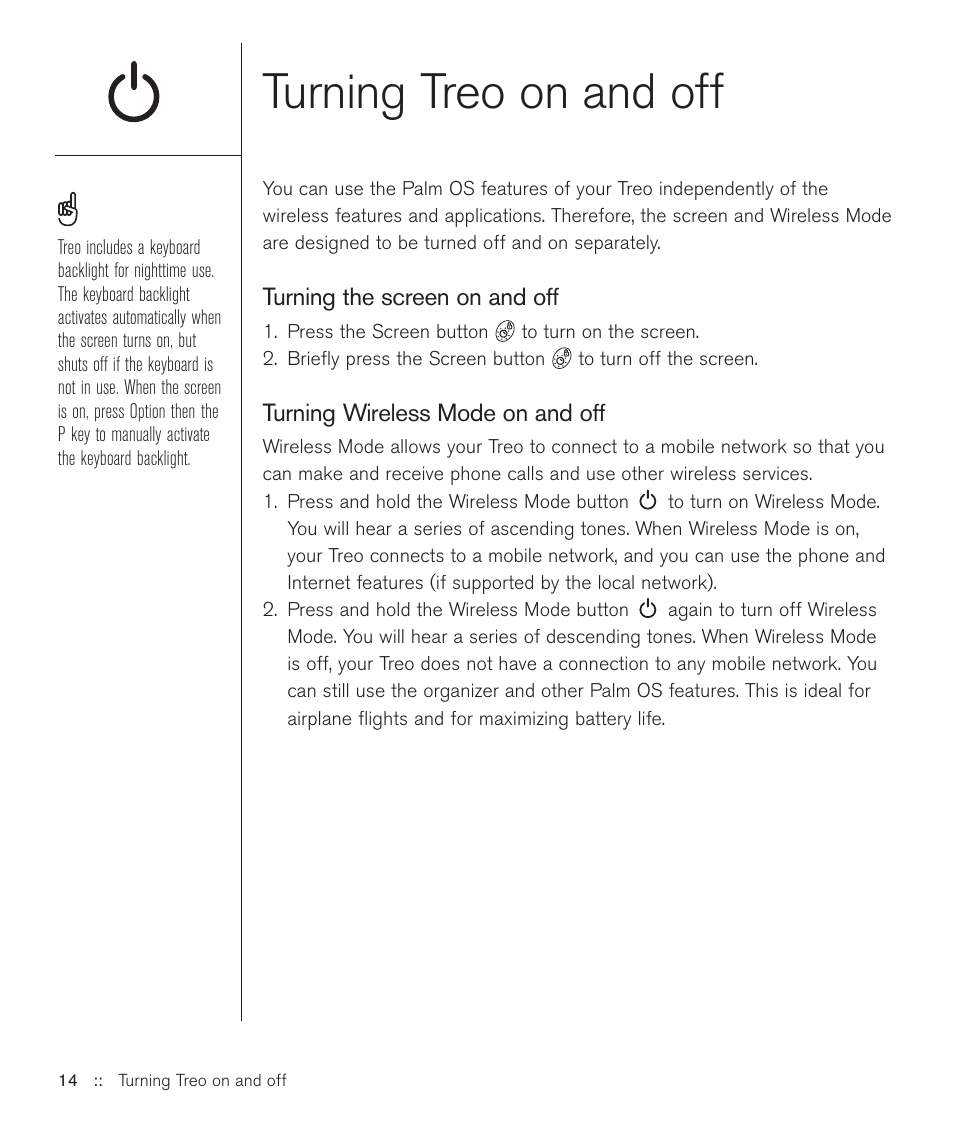 Turning treo on and off | Handspring Treo 600 User Manual | Page 14 / 158