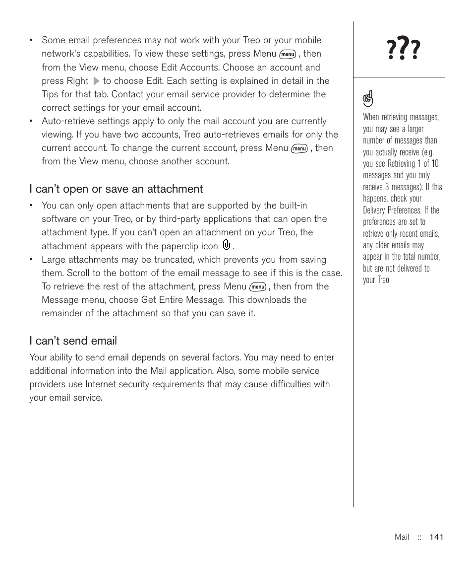 I can’t open or save an attachment, I can’t send email | Handspring Treo 600 User Manual | Page 141 / 158