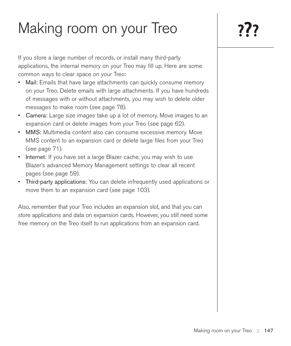 Making room on your treo | Handspring Treo 600 User Manual | Page 147 / 158