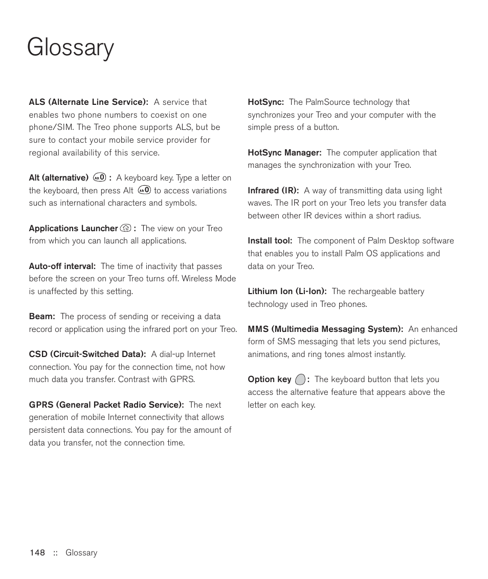 Glossary | Handspring Treo 600 User Manual | Page 148 / 158