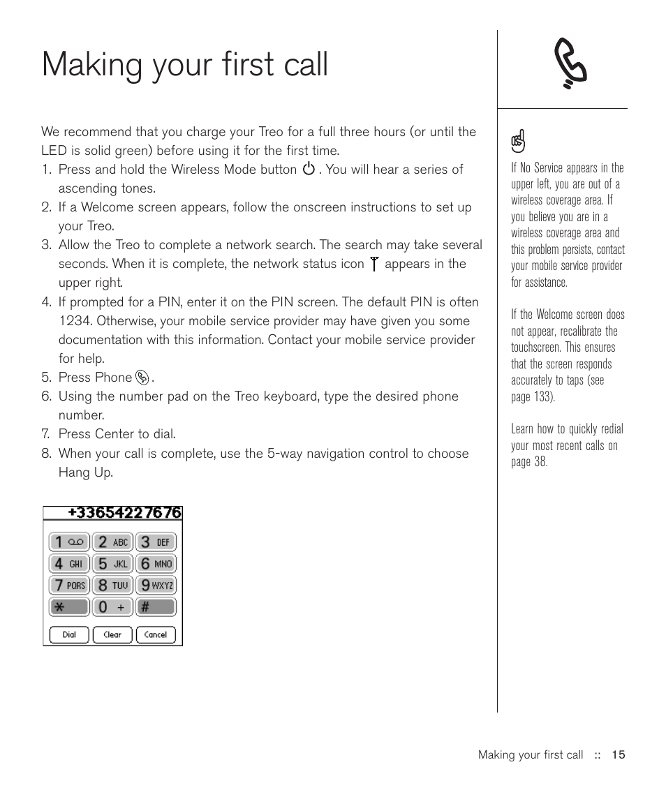 Making your first call | Handspring Treo 600 User Manual | Page 15 / 158