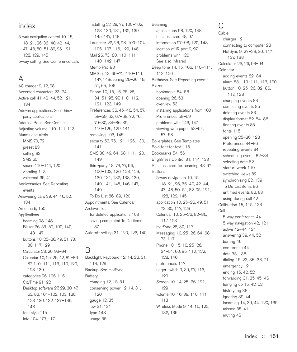 Index, Index :: 151 | Handspring Treo 600 User Manual | Page 151 / 158