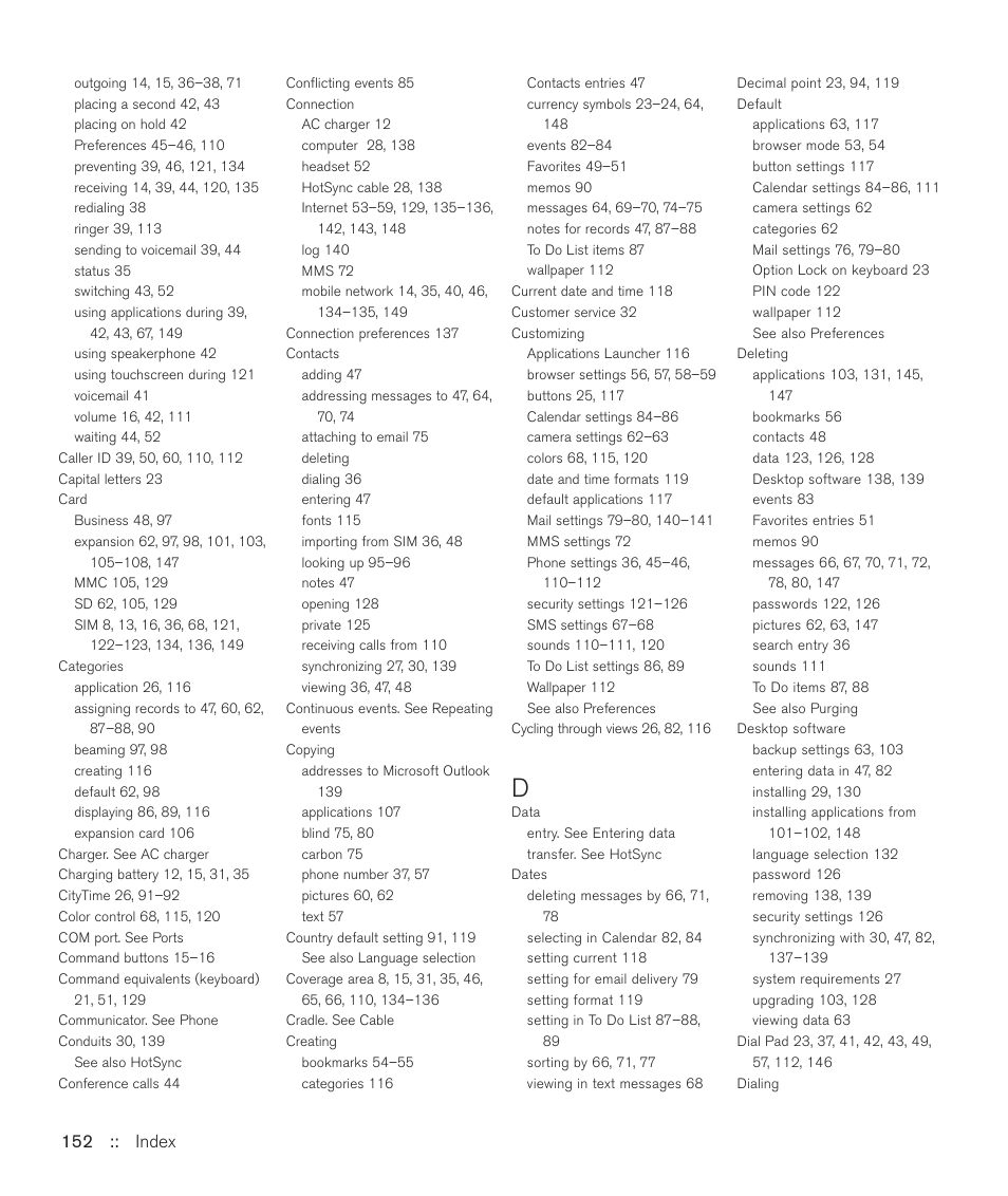 152 :: index | Handspring Treo 600 User Manual | Page 152 / 158