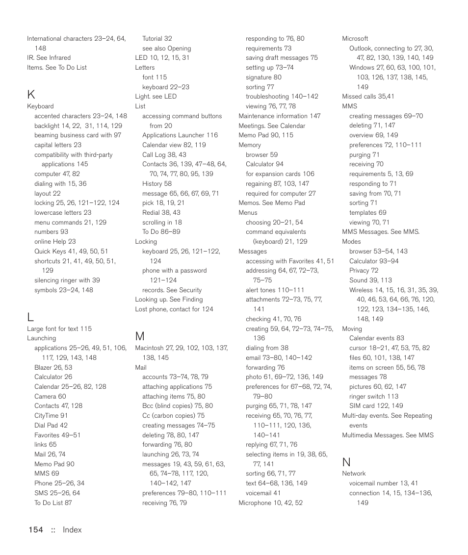 154 :: index | Handspring Treo 600 User Manual | Page 154 / 158