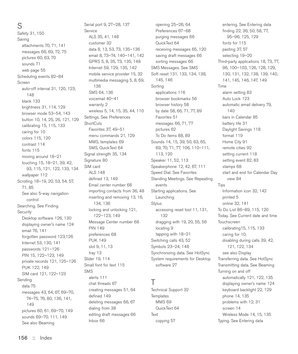 156 :: index | Handspring Treo 600 User Manual | Page 156 / 158