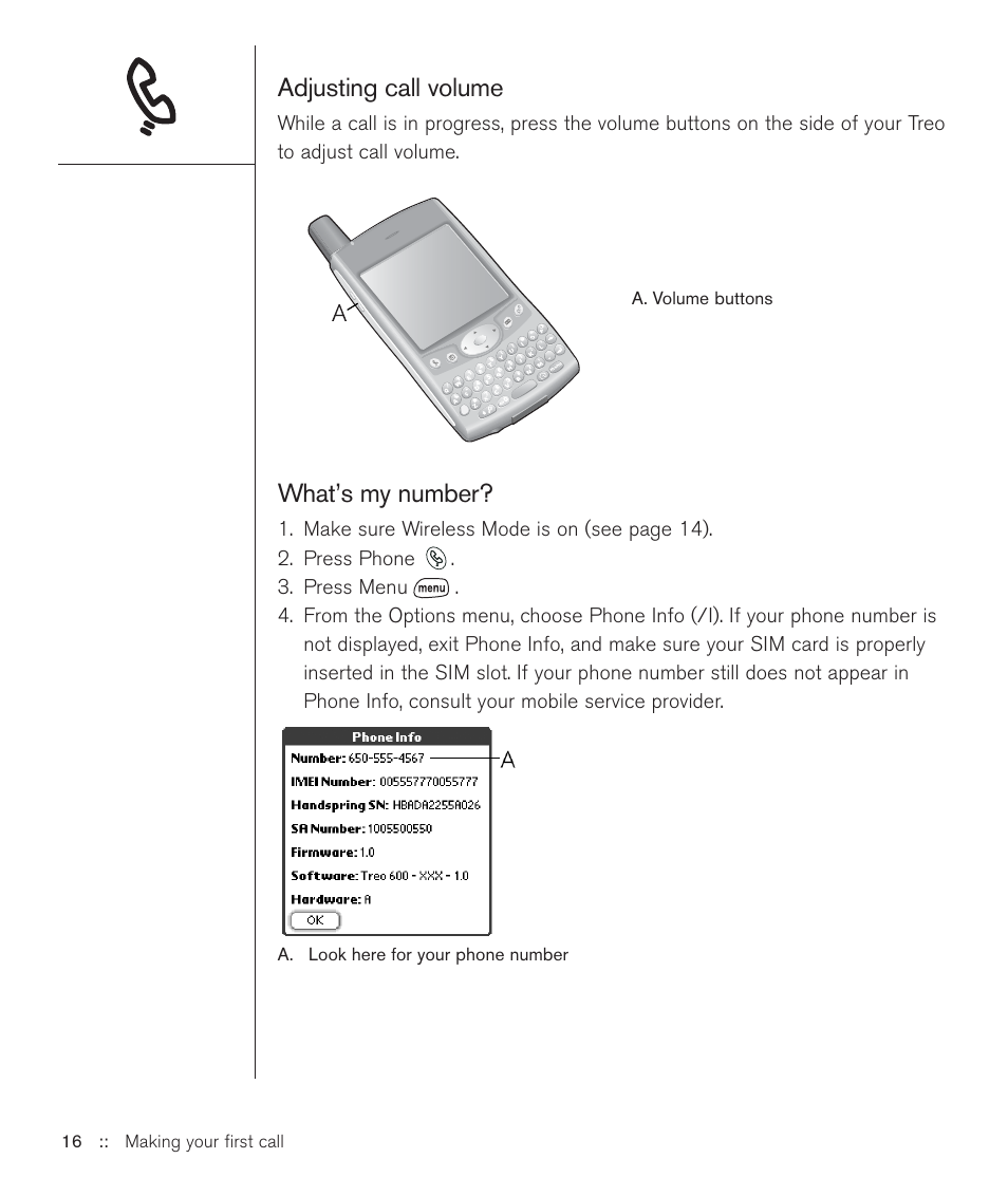 Adjusting call volume, What’s my number | Handspring Treo 600 User Manual | Page 16 / 158