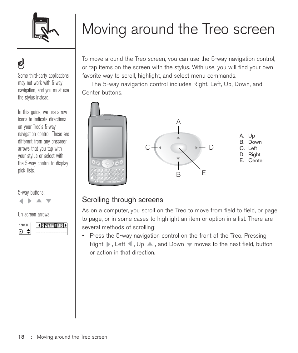 Moving around the treo screen | Handspring Treo 600 User Manual | Page 18 / 158