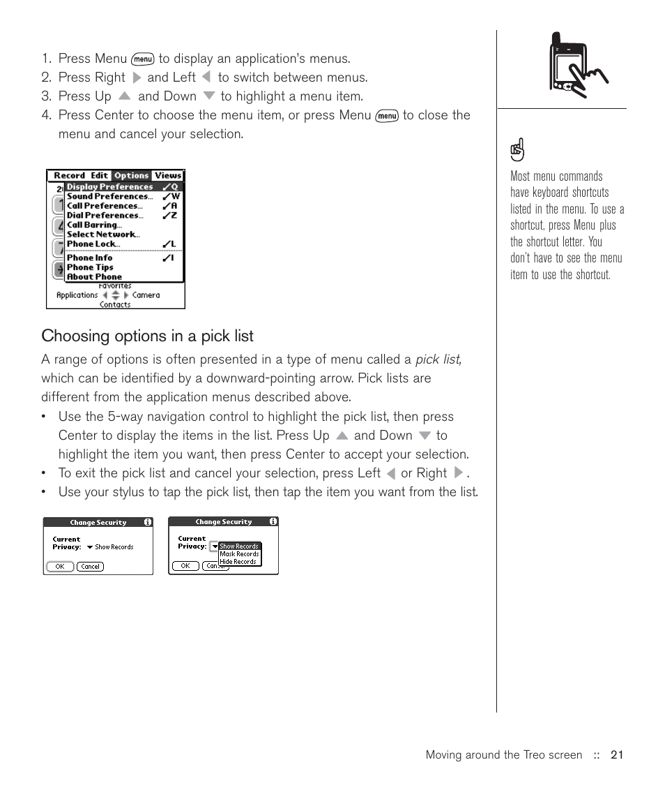 Choosing options in a pick list | Handspring Treo 600 User Manual | Page 21 / 158
