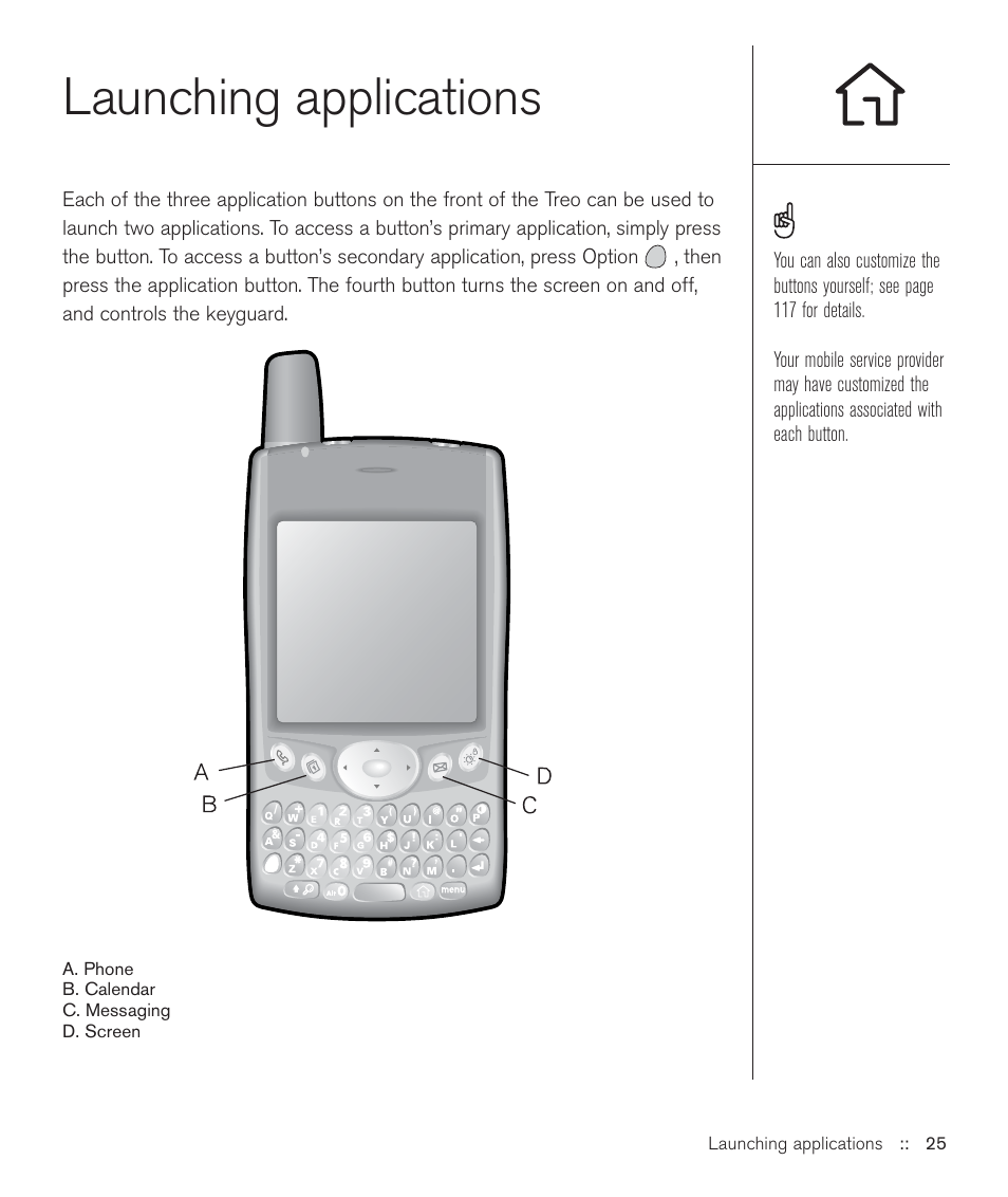 Launching applications | Handspring Treo 600 User Manual | Page 25 / 158