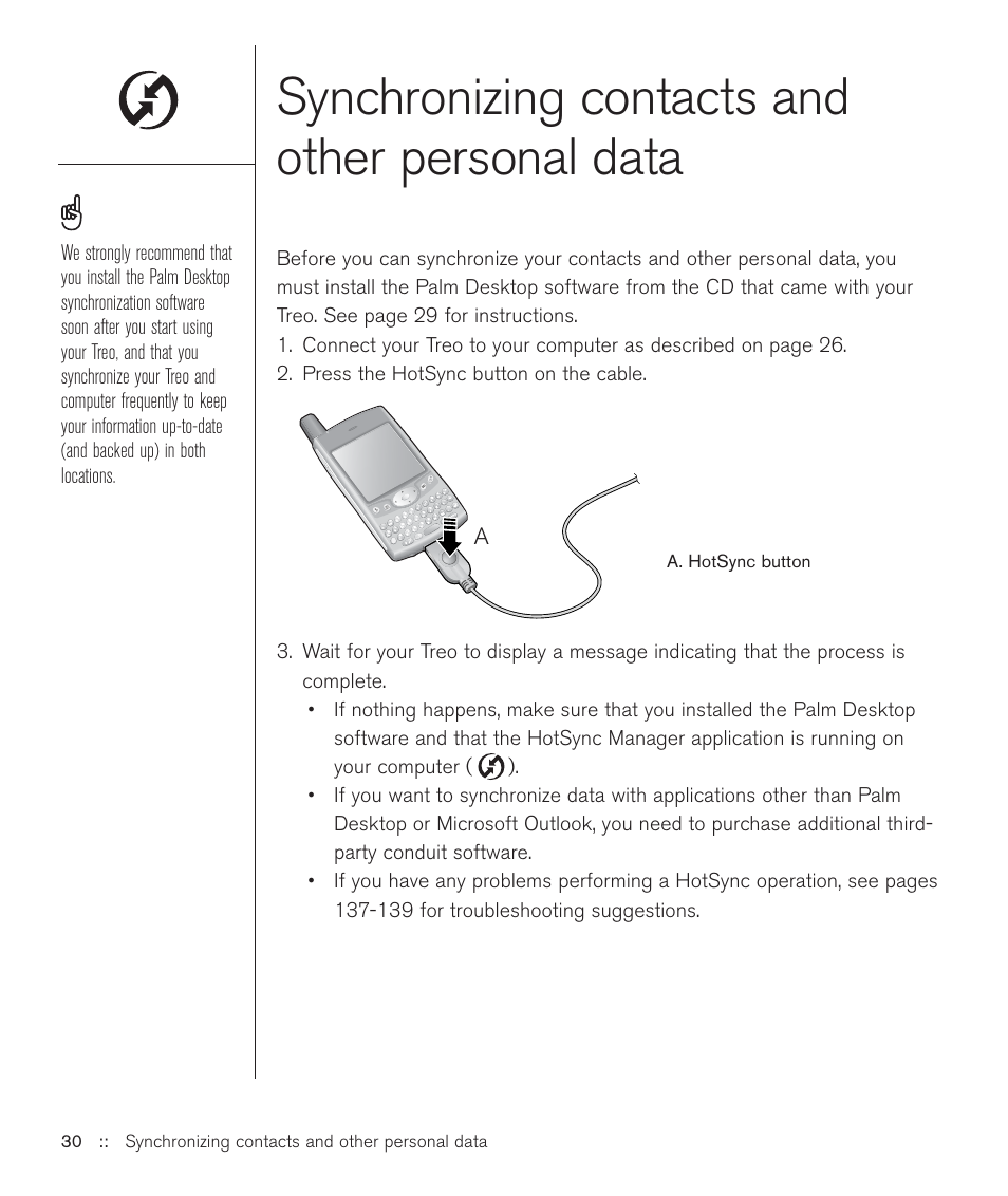 Synchronizing contacts and other personal data | Handspring Treo 600 User Manual | Page 30 / 158