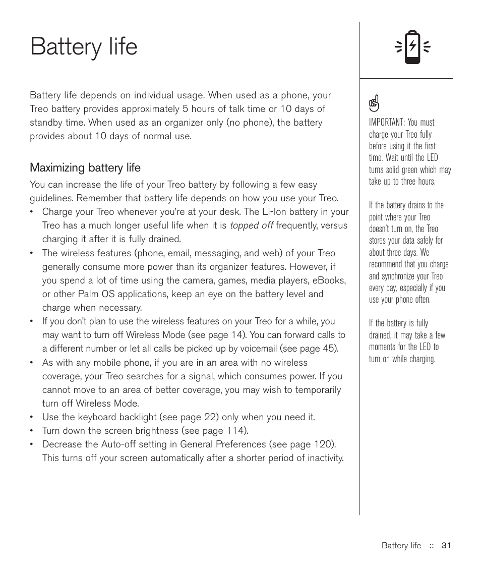 Battery life | Handspring Treo 600 User Manual | Page 31 / 158