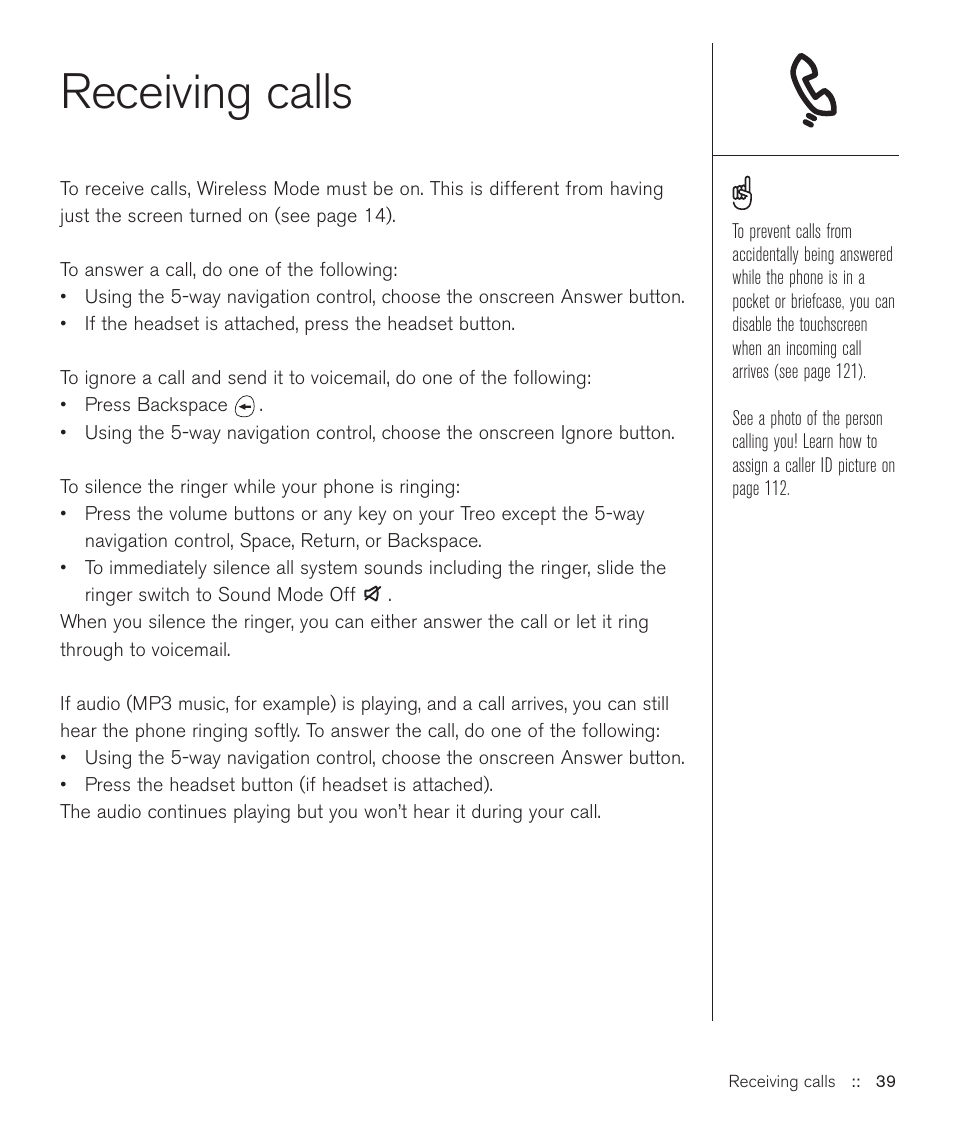 Receiving calls | Handspring Treo 600 User Manual | Page 39 / 158
