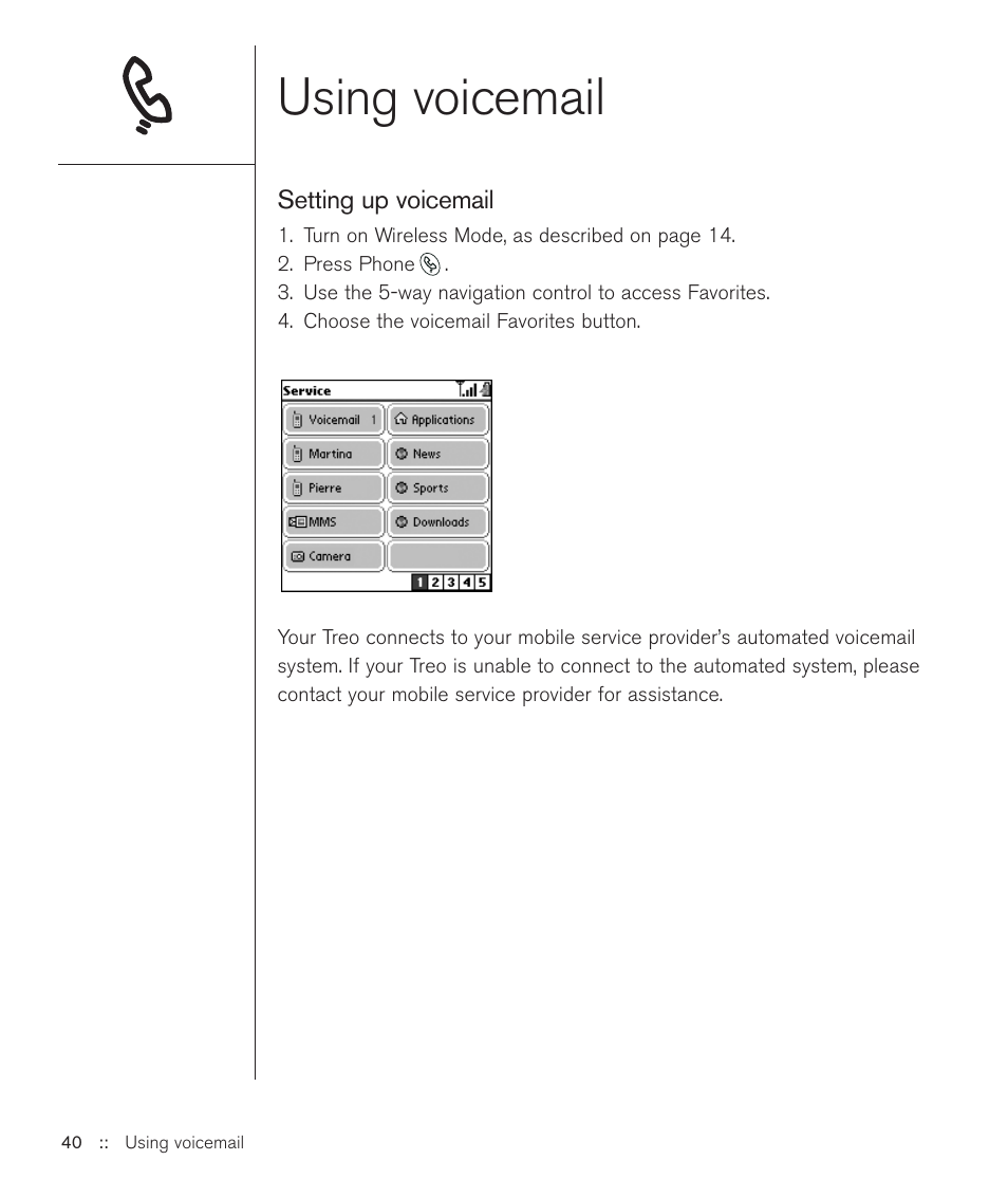 Using voicemail | Handspring Treo 600 User Manual | Page 40 / 158