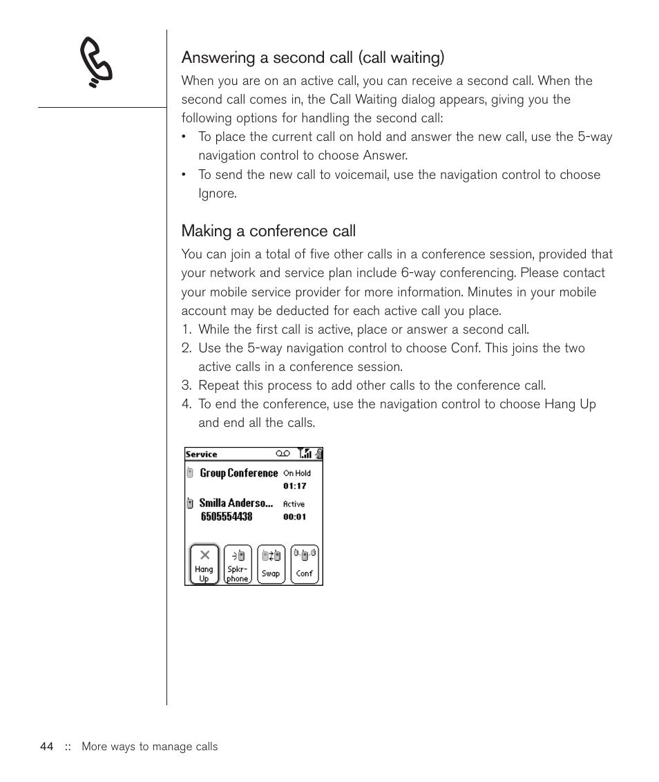 Answering a second call (call waiting), Making a conference call | Handspring Treo 600 User Manual | Page 44 / 158