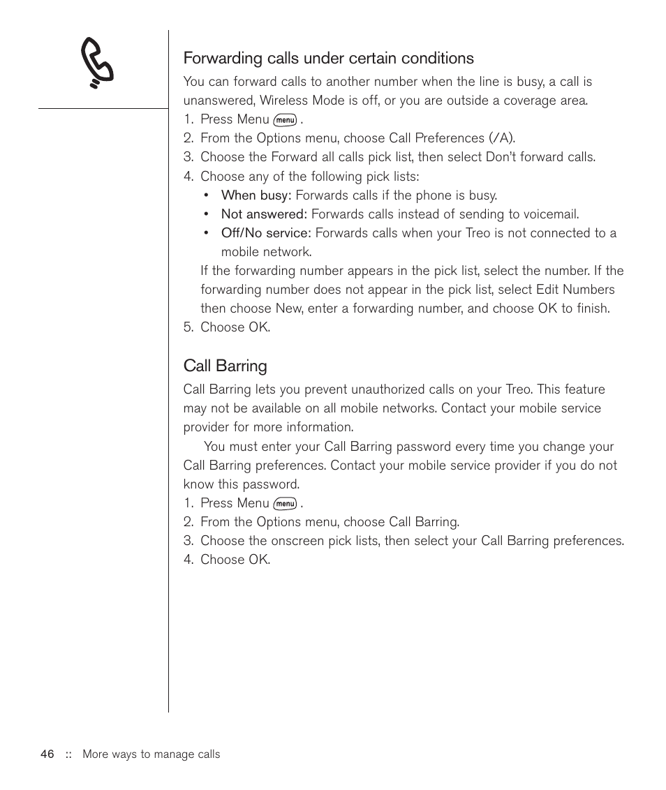 Forwarding calls under certain conditions, Call barring | Handspring Treo 600 User Manual | Page 46 / 158