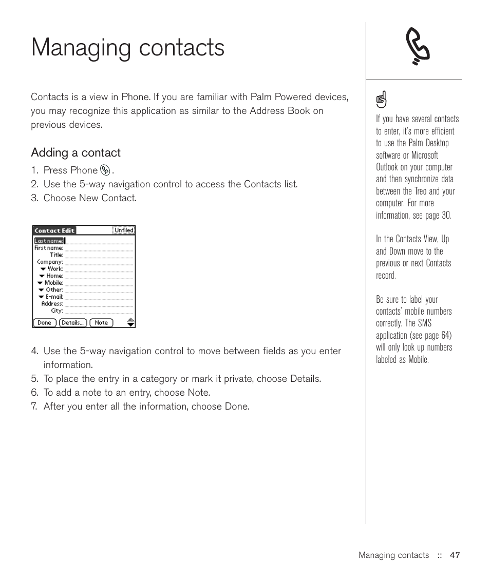 Managing contacts | Handspring Treo 600 User Manual | Page 47 / 158