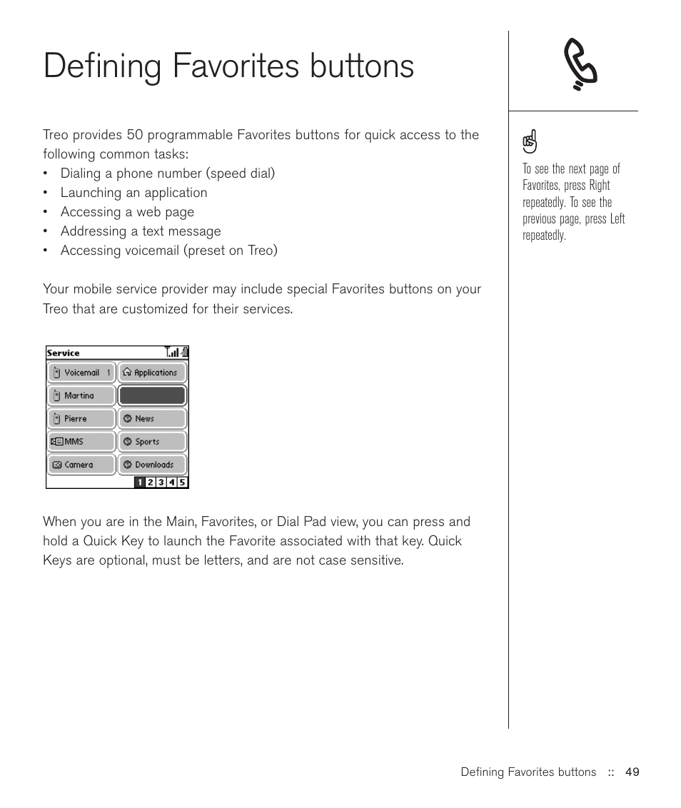 Defining favorites buttons | Handspring Treo 600 User Manual | Page 49 / 158