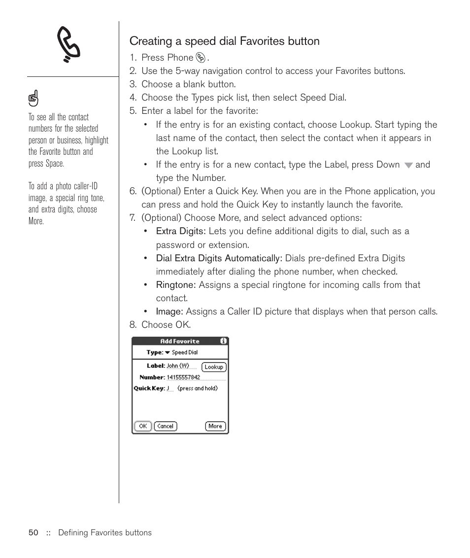 Creating a speed dial favorites button | Handspring Treo 600 User Manual | Page 50 / 158