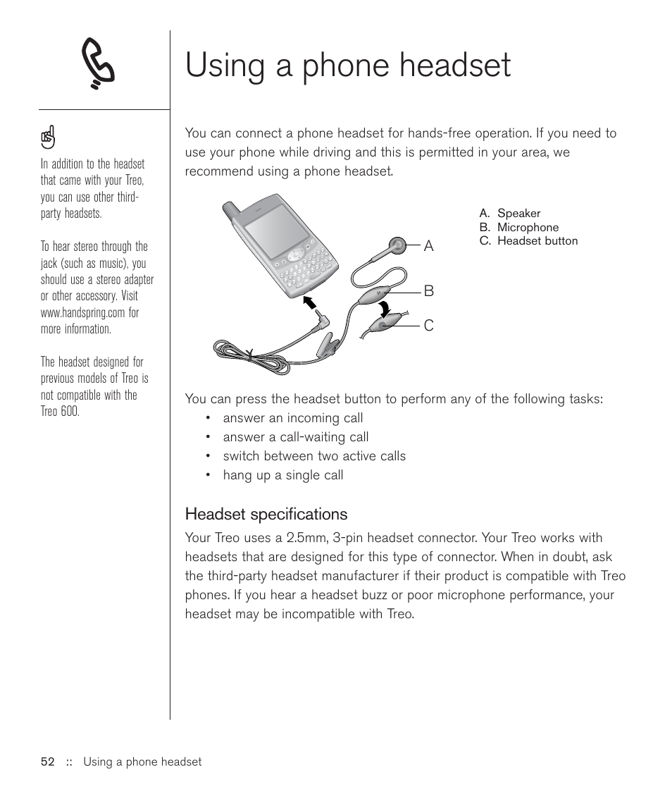 Using a phone headset | Handspring Treo 600 User Manual | Page 52 / 158