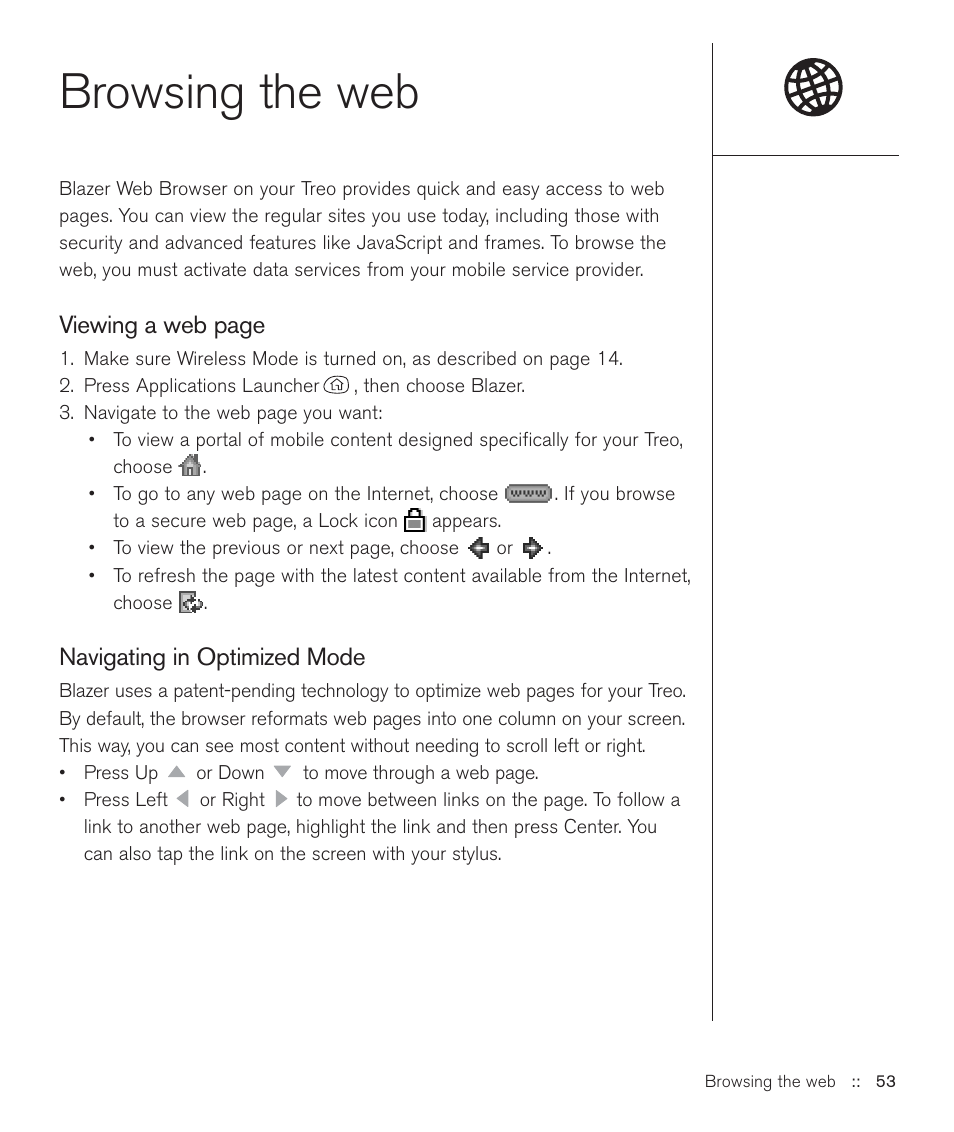 Browsing the web, Viewing a web page, Navigating in optimized mode | Handspring Treo 600 User Manual | Page 53 / 158