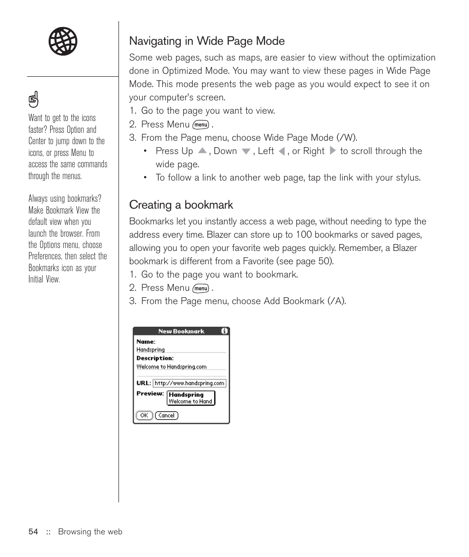 Navigating in wide page mode, Creating a bookmark | Handspring Treo 600 User Manual | Page 54 / 158