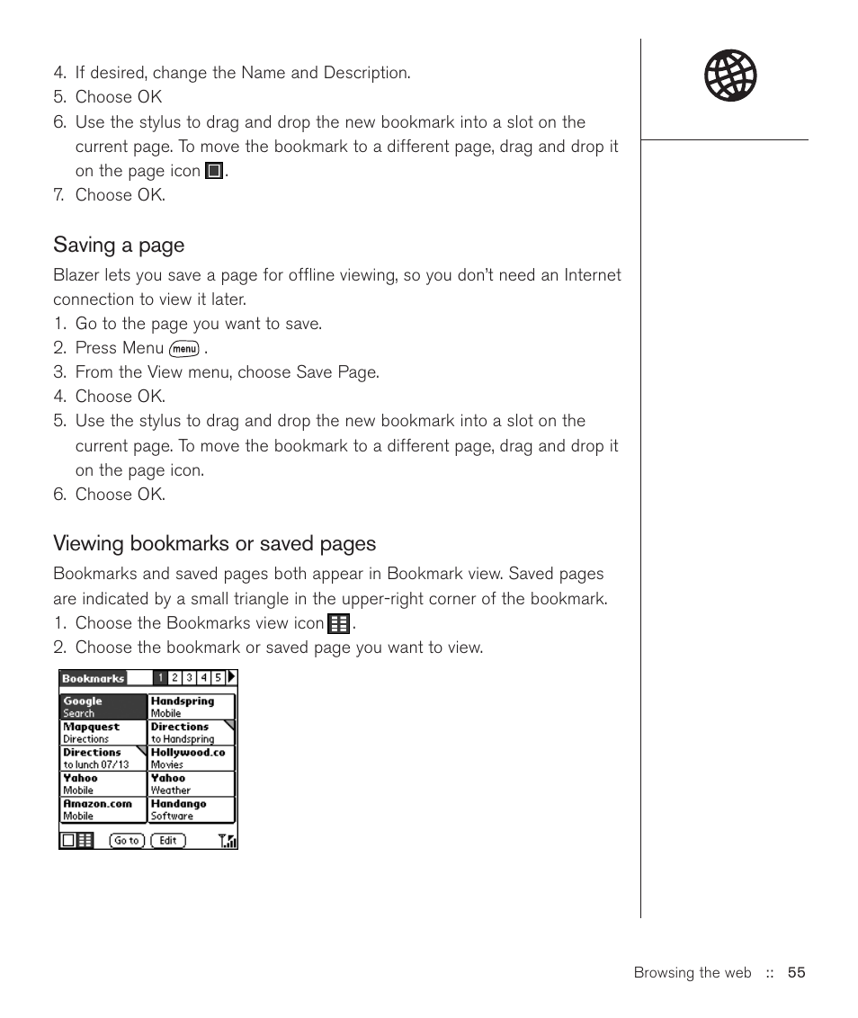 Saving a page, Viewing bookmarks or saved pages | Handspring Treo 600 User Manual | Page 55 / 158