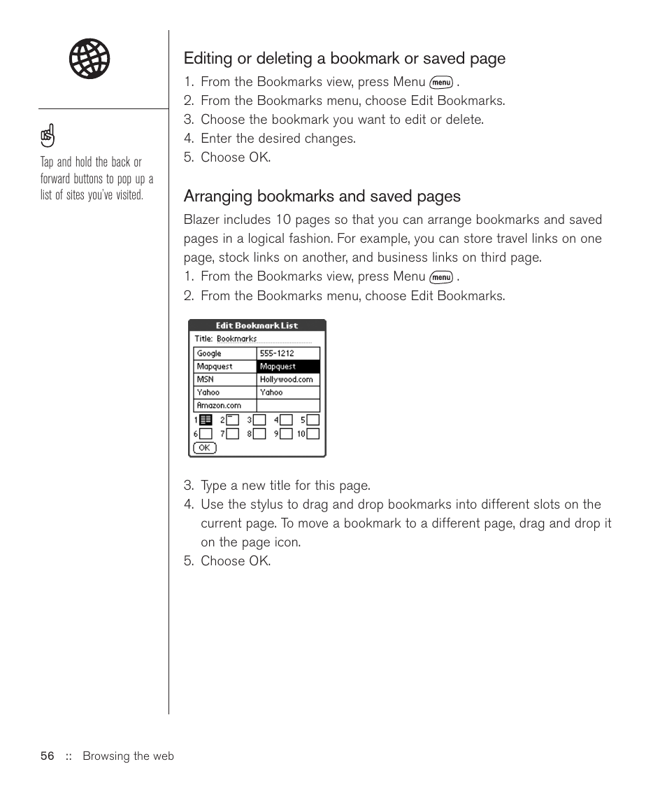 Editing or deleting a bookmark or saved page, Arranging bookmarks and saved pages | Handspring Treo 600 User Manual | Page 56 / 158