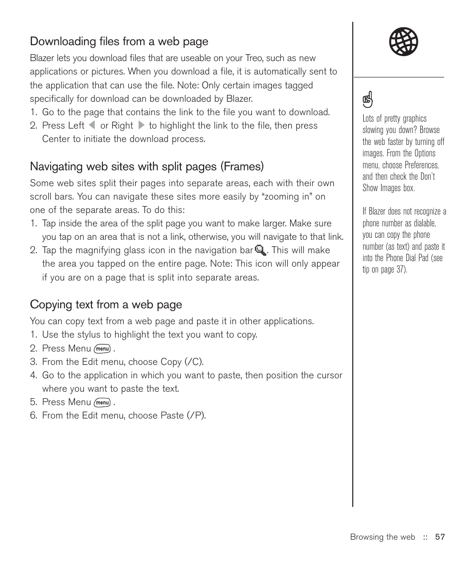 Downloading files from a web page, Navigating web sites with split pages (frames), Copying text from a web page | Handspring Treo 600 User Manual | Page 57 / 158