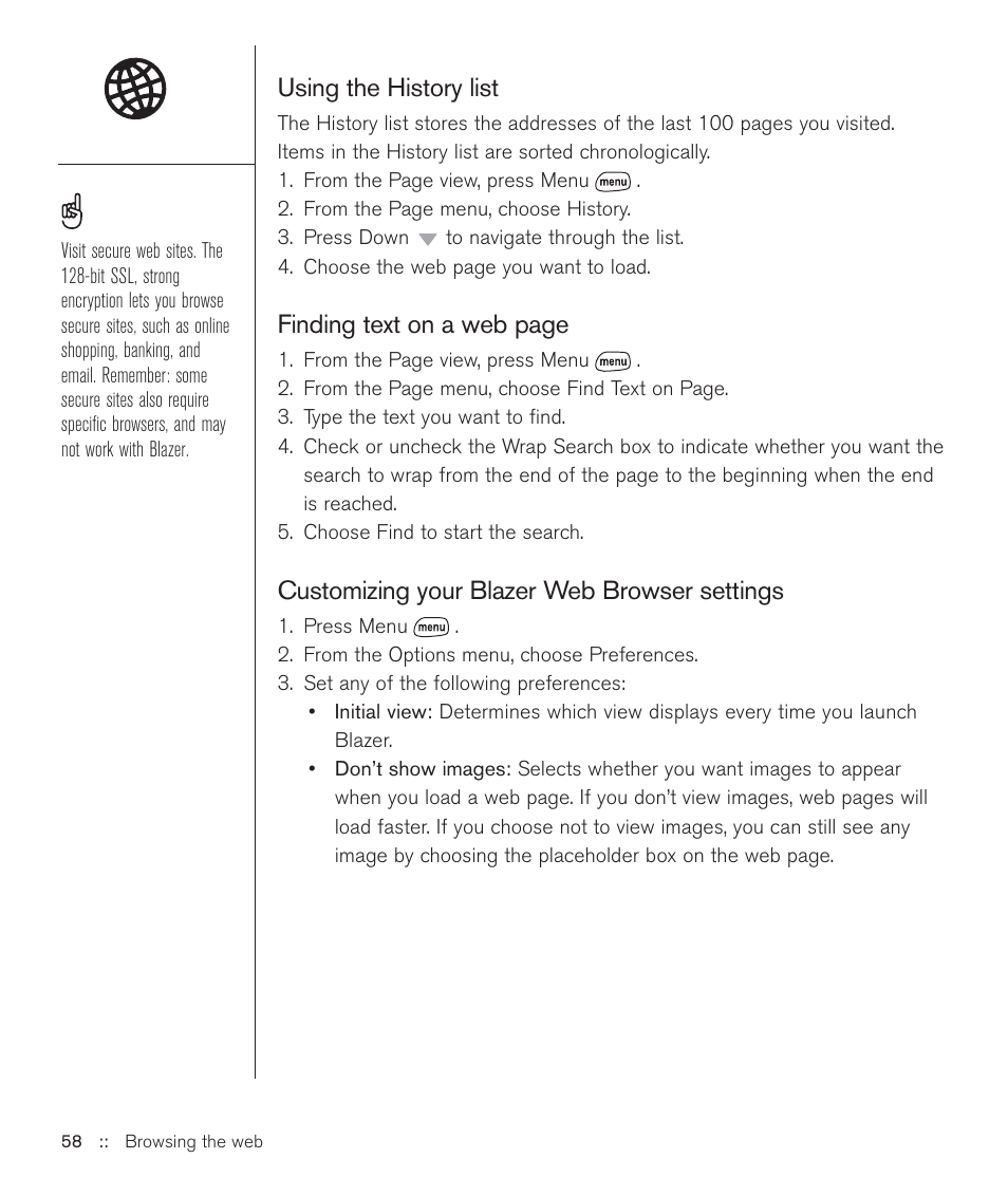 Using the history list, Finding text on a web page, Customizing your blazer web browser settings | Handspring Treo 600 User Manual | Page 58 / 158