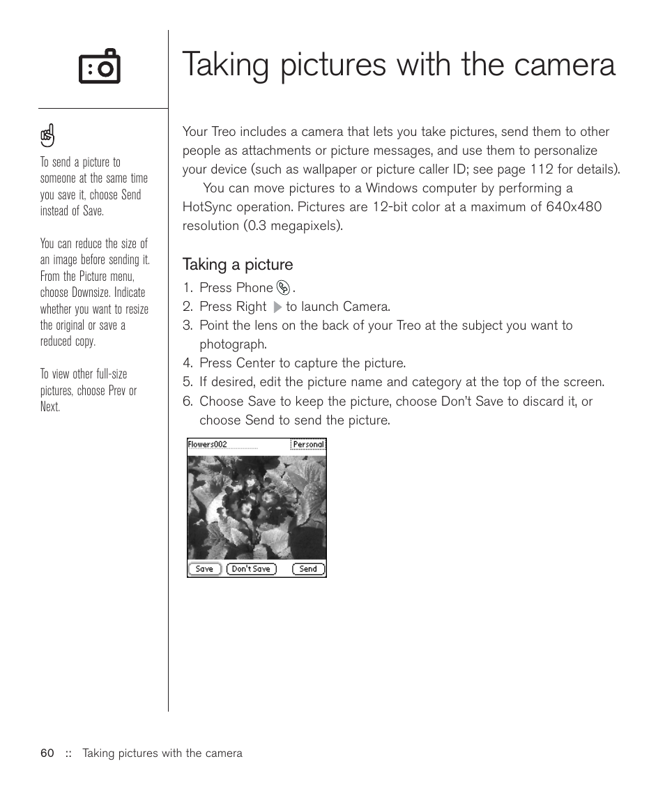 Taking pictures with the camera | Handspring Treo 600 User Manual | Page 60 / 158