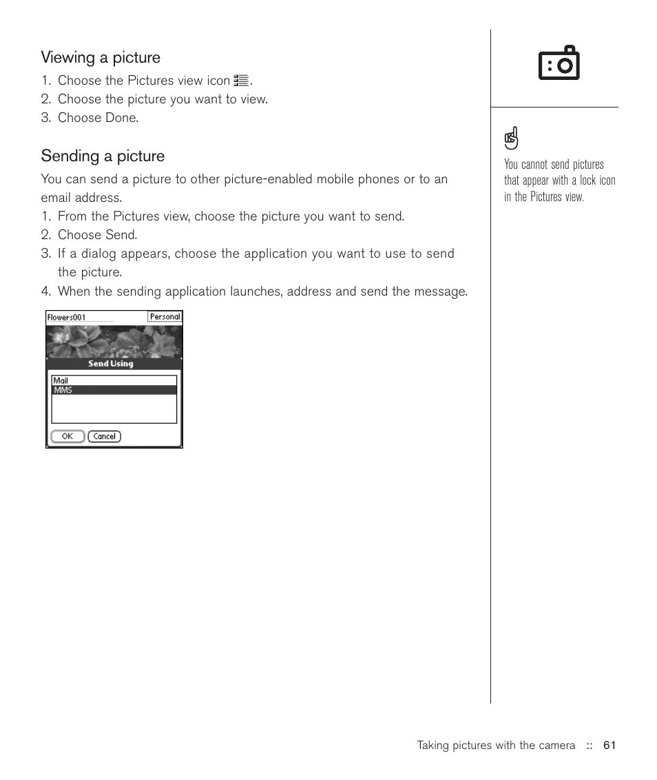 Viewing a picture, Sending a picture | Handspring Treo 600 User Manual | Page 61 / 158