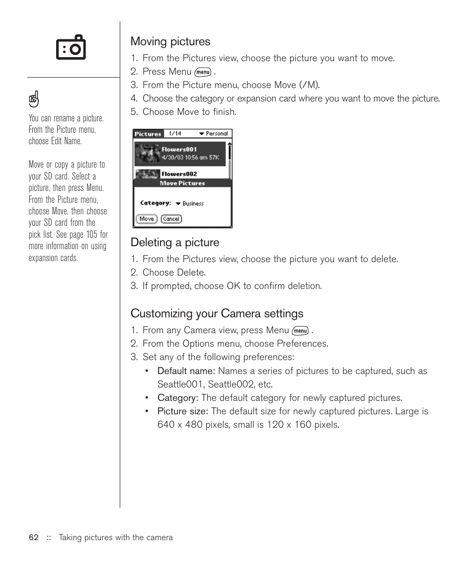 Moving pictures, Deleting a picture, Customizing your camera settings | Handspring Treo 600 User Manual | Page 62 / 158