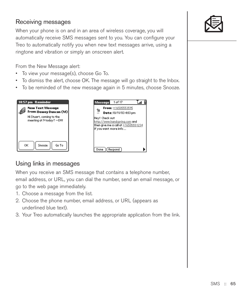 Receiving messages, Using links in messages | Handspring Treo 600 User Manual | Page 65 / 158