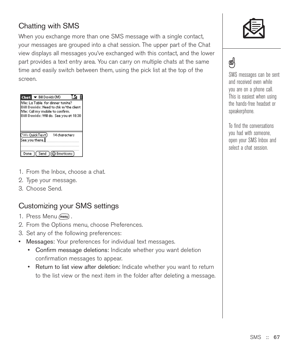 Chatting with sms, Customizing your sms settings | Handspring Treo 600 User Manual | Page 67 / 158