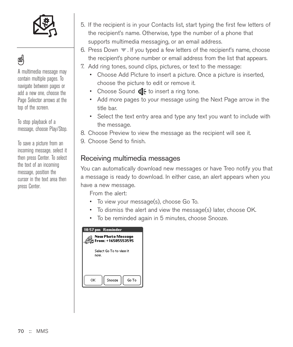 Receiving multimedia messages | Handspring Treo 600 User Manual | Page 70 / 158