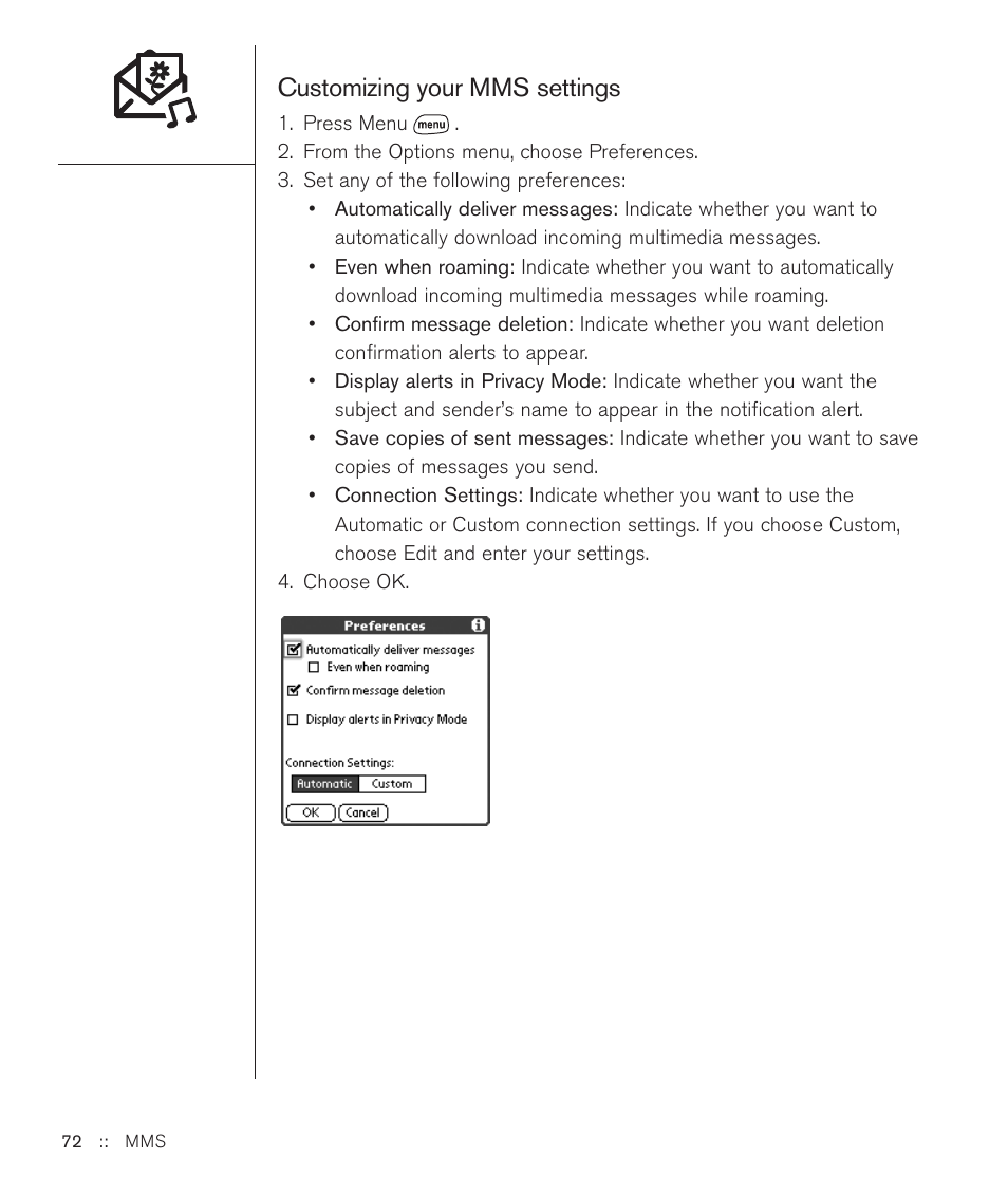 Customizing your mms settings | Handspring Treo 600 User Manual | Page 72 / 158