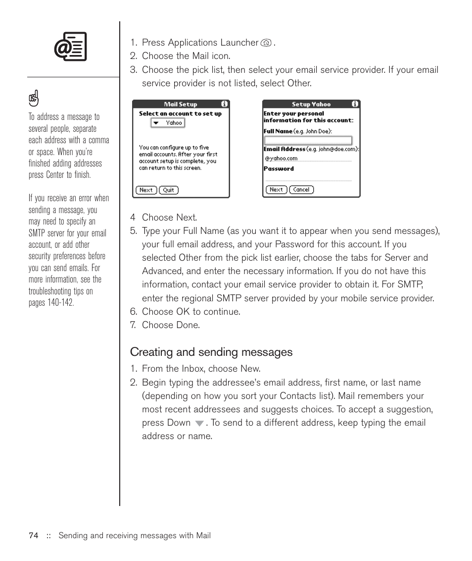 Creating and sending messages | Handspring Treo 600 User Manual | Page 74 / 158