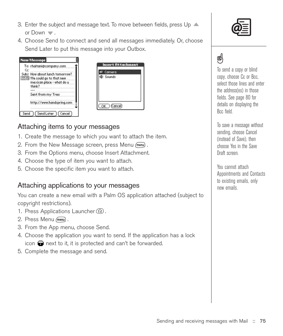 Attaching items to your messages, Attaching applications to your messages | Handspring Treo 600 User Manual | Page 75 / 158