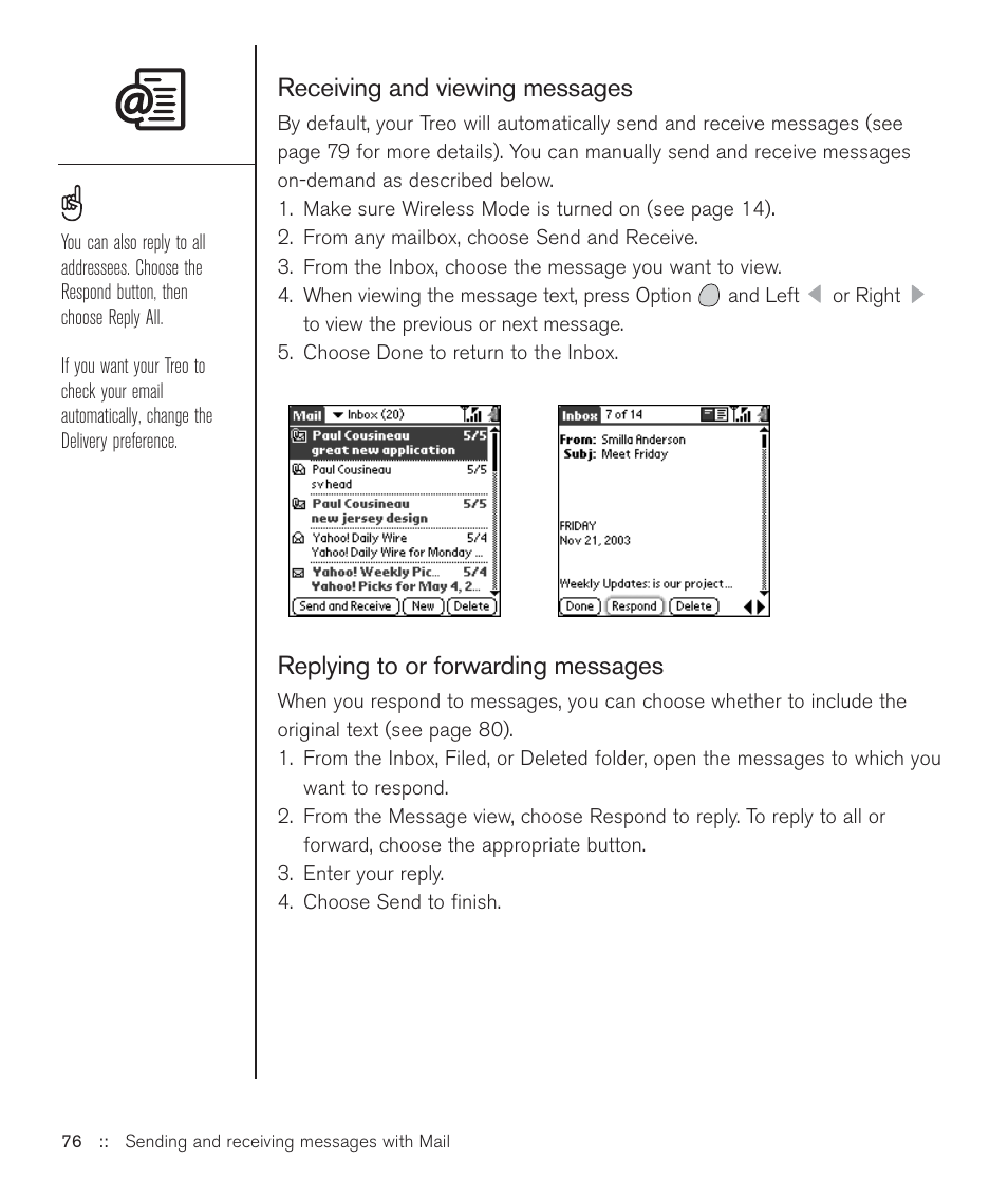 Receiving and viewing messages, Replying to or forwarding messages | Handspring Treo 600 User Manual | Page 76 / 158