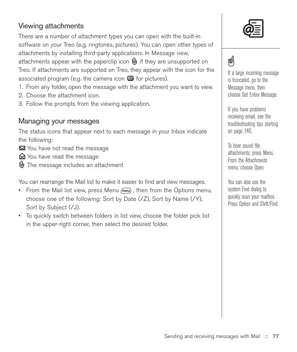 Viewing attachments, Managing your messages | Handspring Treo 600 User Manual | Page 77 / 158
