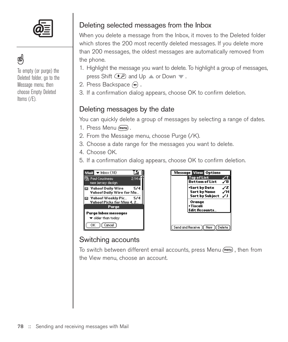 Deleting selected messages from the inbox, Deleting messages by the date, Switching accounts | Handspring Treo 600 User Manual | Page 78 / 158