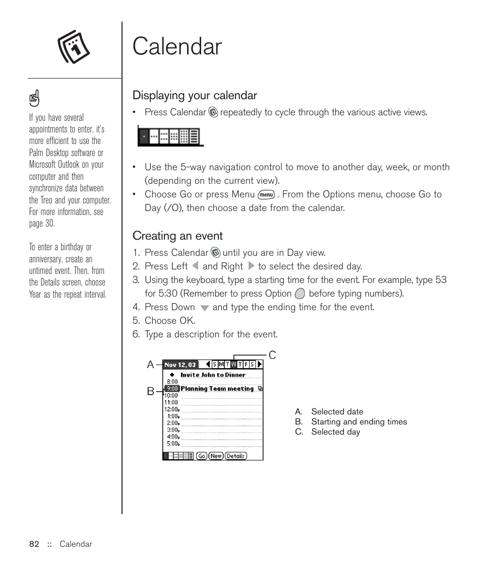 Calendar, Displaying your calendar, Creating an event | Handspring Treo 600 User Manual | Page 82 / 158