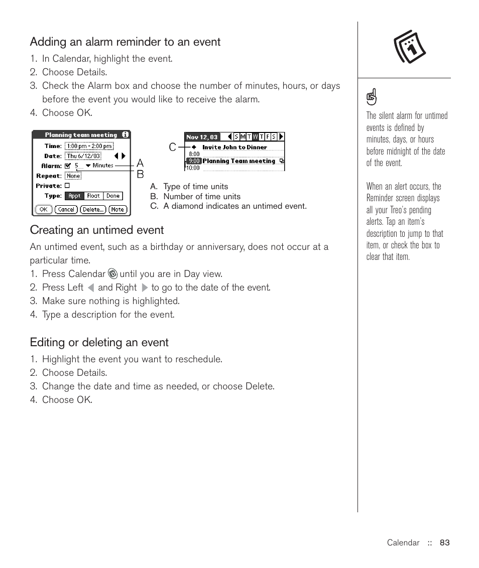 Adding an alarm reminder to an event, Creating an untimed event, Editing or deleting an event | Handspring Treo 600 User Manual | Page 83 / 158