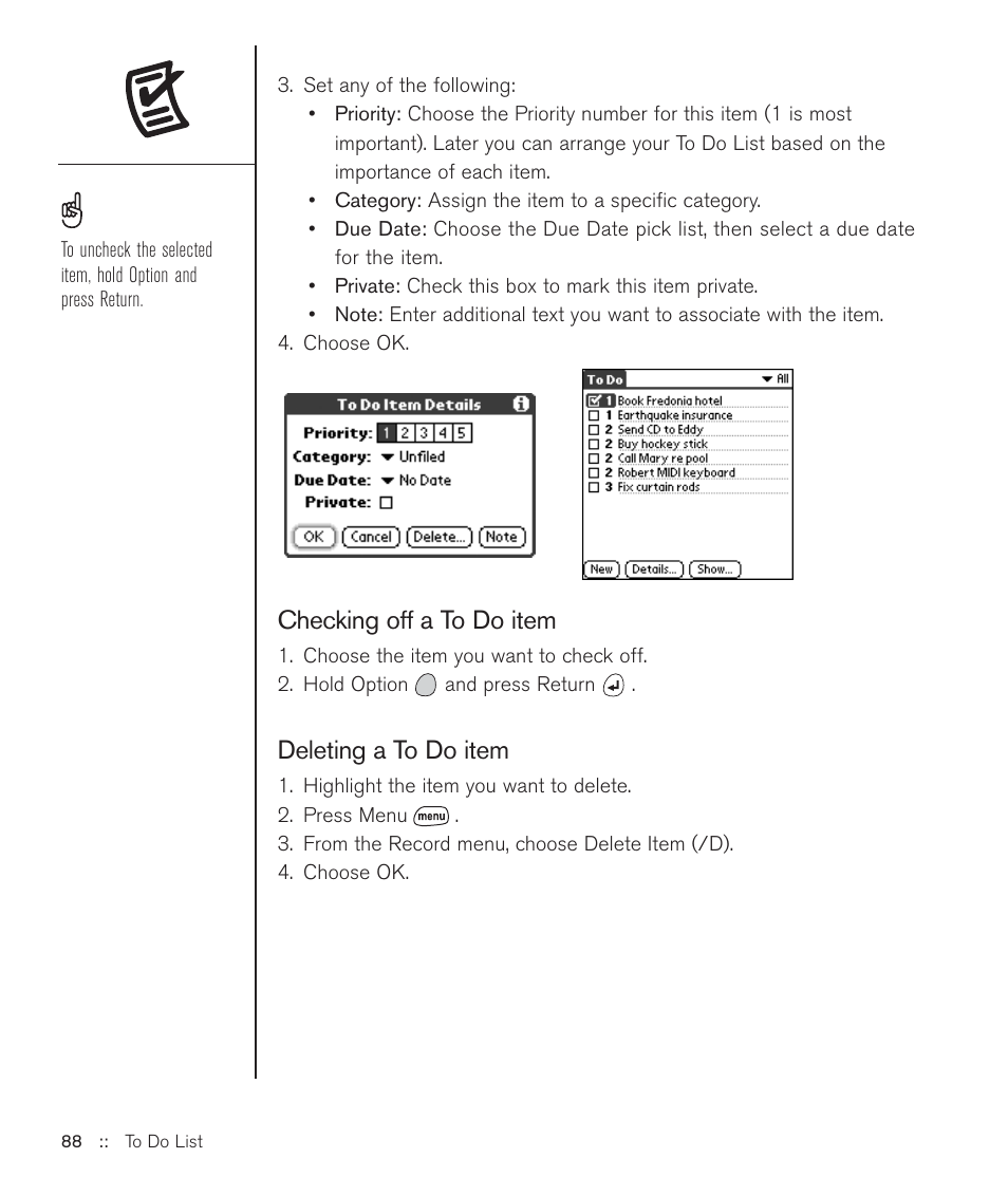 Checking off a to do item, Deleting a to do item | Handspring Treo 600 User Manual | Page 88 / 158