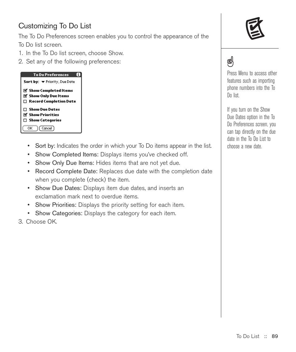 Customizing to do list | Handspring Treo 600 User Manual | Page 89 / 158